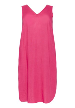 Hihaton mekko V-pääkohdalla, valmistettu kevyestä kankaasta, kirkkaan pinkkinä. Ominaisuudet: väljä, suora leikkaus mukavuutta varten.