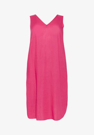 Hihaton mekko V-pääkohdalla, valmistettu kevyestä kankaasta, kirkkaan pinkkinä. Ominaisuudet: väljä, suora leikkaus mukavuutta varten.