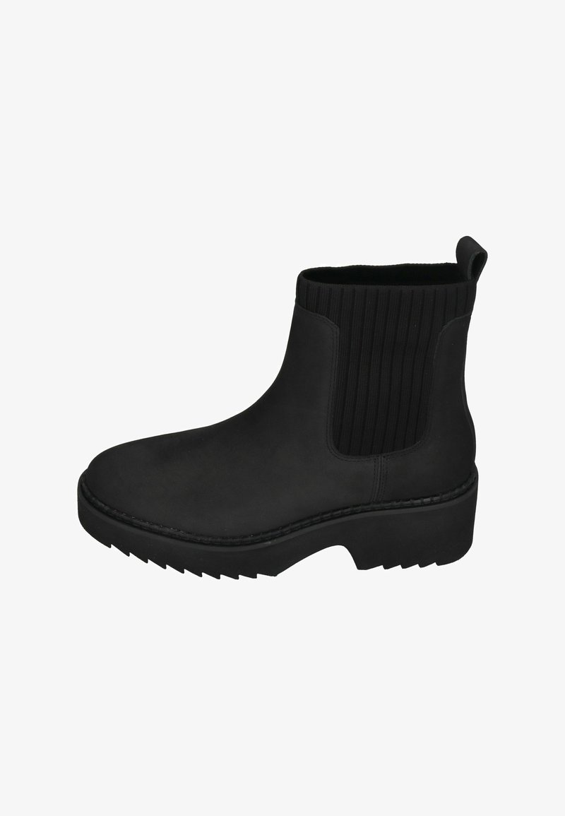 Zwarte enkellaars gemaakt van soepel materiaal met ribbelige textielpanelen, platte rubberen zool en een lus aan de hak voor gemakkelijk aan- en uittrekken.