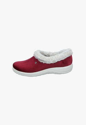 Red slip-on shoes with a soft, white faux fur collar, smooth suede-like material, and a cushioned white rubber sole.