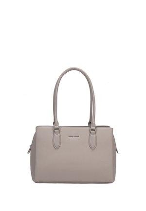Light gray rectangular handbag with two long handles and zipper closures on both ends, featuring a small metal brand logo on the front.