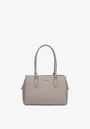 Light gray rectangular handbag with two long handles and zipper closures on both ends, featuring a small metal brand logo on the front.