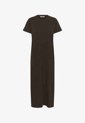 Tamno smeđa, kratkotrajna, duga haljina napravljena od mekog materijala. Ima okrugli izrez i ravnu, opuštenu siluetu bez ukrasa.