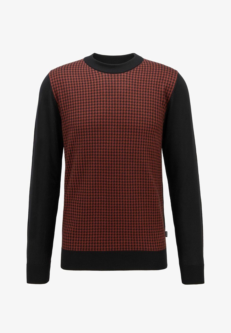 Pull pour homme à manches longues avec manches et dos noirs, présentant un motif à petits carreaux rouges et noirs sur le panneau avant.