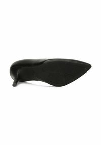 Black high-heeled shoe with a pointed toe and smooth leather upper, featuring a textured rubber sole for grip and stability.