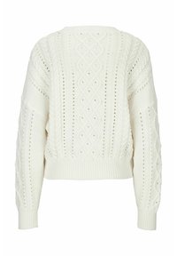 Witte gebreide trui met een cropped ontwerp, voorzien van getextureerde kabelpatronen en open details op de mouwen en rug. Ribgebreide onderrand.