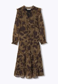 Robe marron à imprimé léopard, fabriquée en tissu léger, avec un col à volants, des manches longues et une jupe à étages.