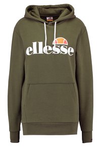Sudadera de color verde oliva con un bolsillo canguro frontal, cordones blancos y un gran logo impreso de "ellesse" que presenta un gráfico de semicírculo.