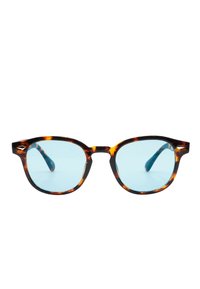 Occhiali da sole tartarugati con lenti blu specchiate, caratterizzati da una montatura rettangolare arrotondata e bracci sottili, che mostrano una finitura lucida.