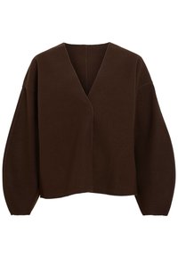 Rudas, per didinį dydį puloveris su V formos iškirpte ir ilgomis, baliono stiliaus rankovėmis. Pagamintas iš minkštos medžiagos, kuri turi lygų paviršių ir minimalias siuvimo detales.