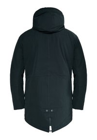 Sort yderjakke med hætte, frontsyede detaljer og knaplukning i kanten. Glat tekstur og knælangt design.