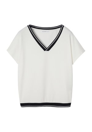 Bluza albă cu mâneci scurte, cu tiv negru pe guler în V și la margine, cu croială lejeră și design simplu.