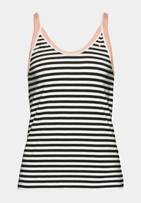 Svart och vit randig ärmlös linne med rosa kant på axelband och halsringning.