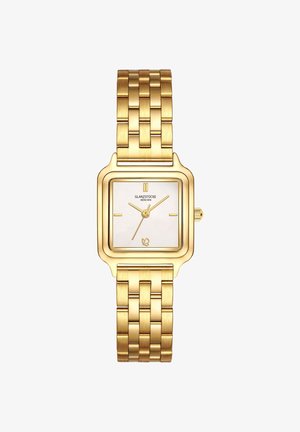 Goldfarbene quadratische Uhr mit einem weißen Ziffernblatt, zwei goldenen Zeigern und einem verlinkten Armband. Enthält ein dekoratives Schmetterlingsdetail unten.