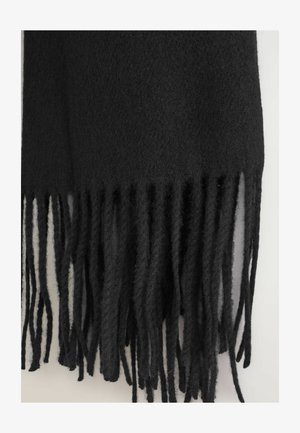 Schwarzer Wollschal mit weicher Textur und langen fransigen Kanten, mit einer glatten Oberfläche und einheitlicher Farbe. Geeignet für Wärme und zum Schichten.
