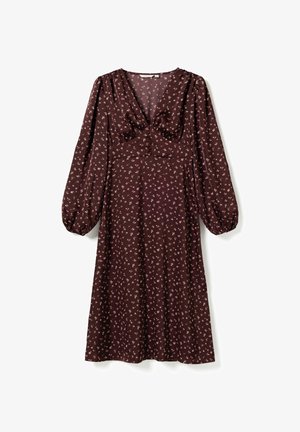 Brązowa sukienka z długim rękawem ozdobiona drobnym, jasnoróżowym kwiatowym wzorem, z dekoltem w kształcie litery V, marszczonym biustem oraz elastycznymi mankietami na rękawach.