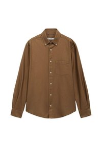Brown long-sleeve shirt made of cotton, featuring a button-down collar, front pocket, and button closures along the placket.