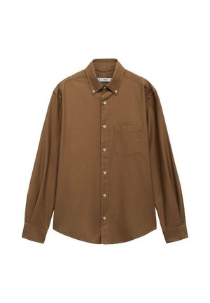 Chemise à manches longues marron en coton, dotée d'un col boutonné, d'une poche avant et de boutons le long de la patte de boutonnage.