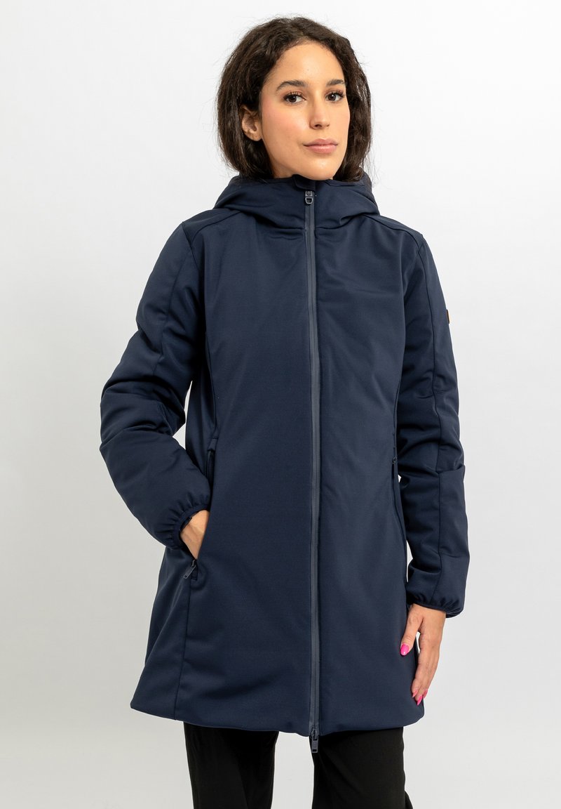 Marinemarine blauw lang coat met een capuchon, ritssluiting, elastische manchetten en zijzakken. Glad, duurzaam materiaal met een stijlvolle silhouet.
