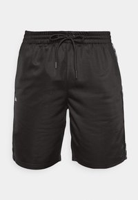 Černé sportovní šortky s elastickým pasem a šňůrkou, s bočními akcenty a hladkým povrchem. Jednoduchý design, délka po kolena.