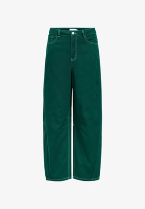Mørkegrønne bukser med vide ben, frontknap, lynlås og lommer, med kontrastfarvet hvid syning.