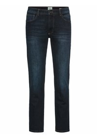 Donkerblauwe denim jeans met een rechte pasvorm, vijf zakken en gestikte details. Bevat een ritssluiting en knoopsluiting.