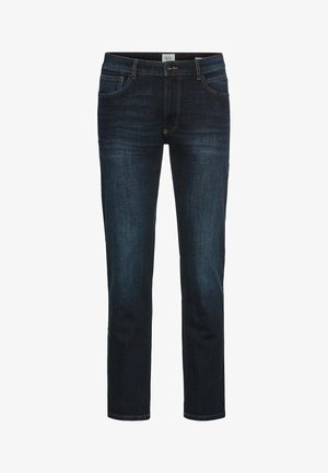 Jeans en denim bleu foncé avec une coupe droite, cinq poches et des détails cousus. Dotés d'un zip et d'une fermeture à bouton.