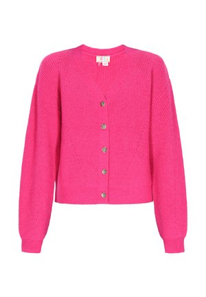Cardigan de un roz vibrant, realizat dintr-un material tricotat texturat, având un guler în V, opt butoane în față și mâneci lungi.
