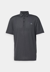 Short-sleeve polo shirt in dark gray with horizontal and diagonal stripes, featuring a collar and three-button placket, made of textured fabric.
