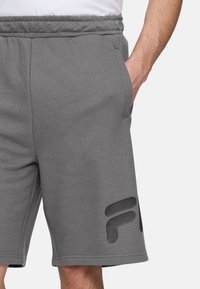 Pantalones cortos de algodón gris con cintura elástica, bolsillos laterales y un detalle de logo negro en la parte inferior de la pierna izquierda. Textura de tela suave.