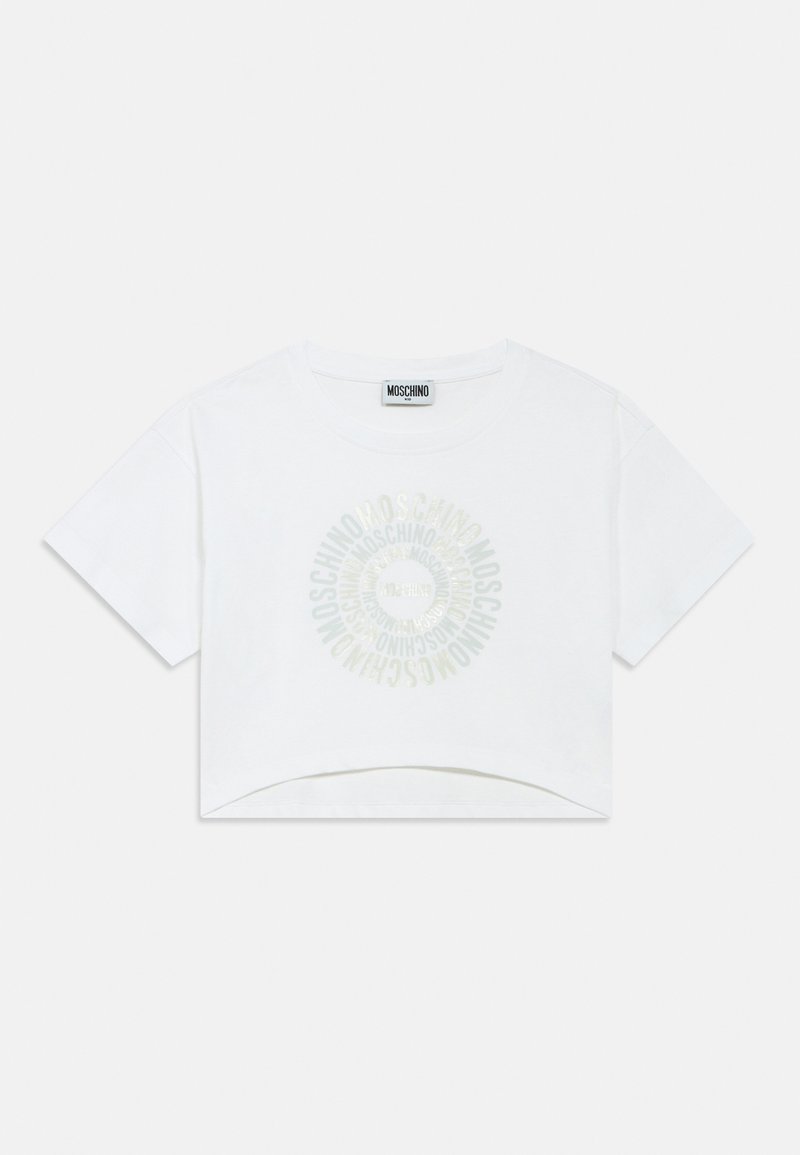 Λευκό κοντομάνικο μπλουζάκι cropped, με κυκλικό σχέδιο κειμένου σε ανοιχτό πράσινο και γκρι. Κατασκευασμένο από απαλό βαμβακερό ύφασμα.