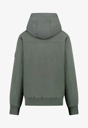 Groene lichtgewicht jas met capuchon en een gestructureerde stof. Kenmerkt zich door een cropped ontwerp, elastische manchetten en een logodetail op de achterkant.