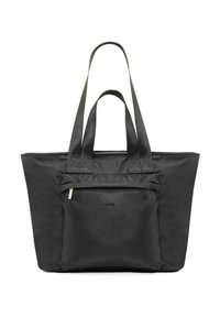 Czarna nylonowa torba tote z dwoma mocnymi uchwytami, przednią kieszenią na zamek błyskawiczny i gładką teksturą. Przestronny projekt o kwadratowym kształcie i minimalnych akcentach.