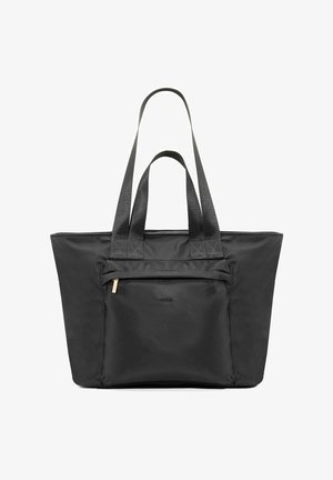 Czarna nylonowa torba tote z dwoma mocnymi uchwytami, przednią kieszenią na zamek błyskawiczny i gładką teksturą. Przestronny projekt o kwadratowym kształcie i minimalnych akcentach.