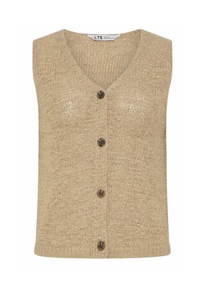 Beige gestrickte ärmellose Strickjacke mit V-Ausschnitt und vier braunen Knöpfen vorne.