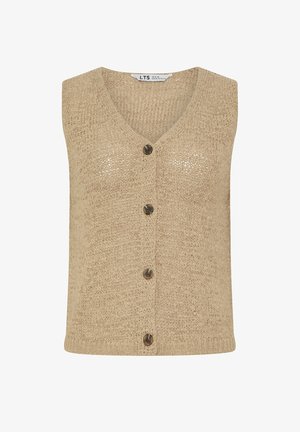 Beige gestrickte ärmellose Strickjacke mit V-Ausschnitt und vier braunen Knöpfen vorne.