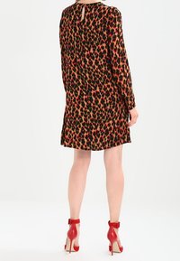 Robe noire avec un imprimé léopard rouge et vert, manches longues, détail en forme de trou de serrure au dos et coupe décontractée ; associée à des chaussures à talons rouges.