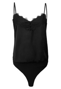 Schwarzes Satin-Cami mit Spitzenbesatz, dünnen verstellbaren Trägern und einem Bodysuitunterteil. Verfügt über eine Knopfdetaillierung am Ausschnitt.