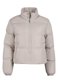 Doudoune beige clair avec un col haut, fermeture éclair sur toute la longueur et poignets élastiques. Présente des sections cousues pour l'isolation.
