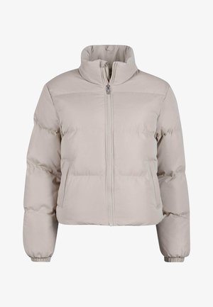 Lichtbeige pufferjack met een hoge kraag, volledige rits aan de voorkant en elastische manchetten. Heeft gestikte secties voor isolatie.
