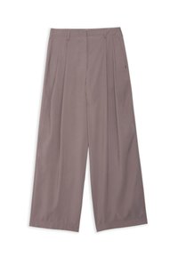 Pantalon mauve à jambes larges avec plis, passants pour ceinture et fermeture frontale dissimulée, étalé à plat sur un fond blanc.