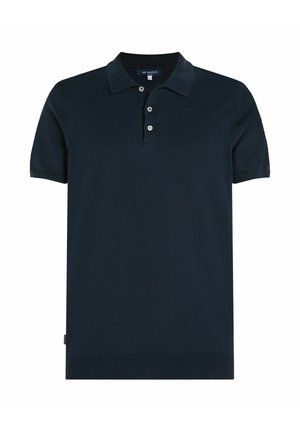 Navy blue short-sleeve polo shirt with three buttons, ribbed collar and cuffs, and a small woven side tag.