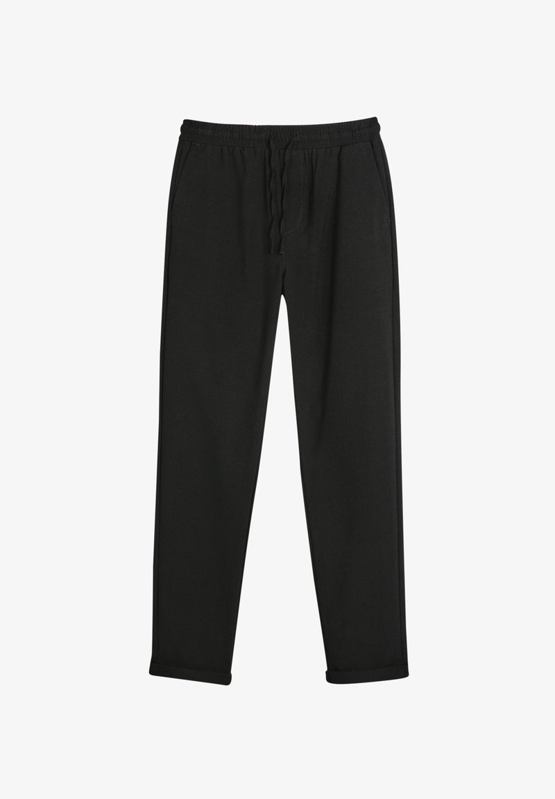 Sorte sweatpants lavet af blødt stof, med en elastisk talje med snor, lige ben og manchetter på kanten.