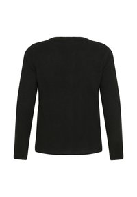 Schwarzer Pullover mit langen Ärmeln, Rundhalsausschnitt und weicher Textur. Die Rückseite hat eine glatte Oberfläche und ein sauberes, minimales Design.