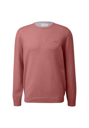 Roter Strickpullover mit langen Ärmeln, rundem Ausschnitt sowie gerippten Bündchen und Saum. Besitzt ein kleines besticktes Logo auf der Vorderseite.