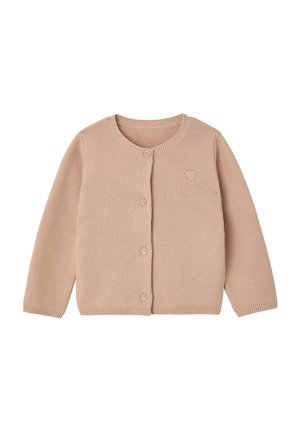 Hellbrauner gestrickter Langarm-Cardigan mit rundem Halsausschnitt und vier Knöpfen vorne, mit einem kleinen bestickten Herz auf der Brust.