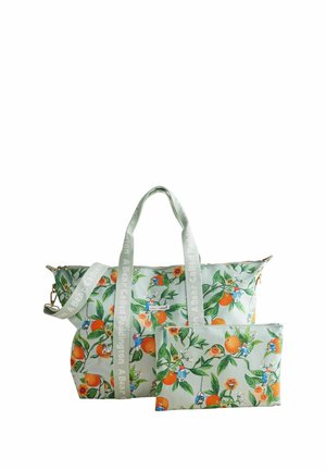 Stor tote-bag og matchende pung, lavet af lys grøn stof. Har farverige blomster- og fuglemønstre, med solide stropper og lynlåse.