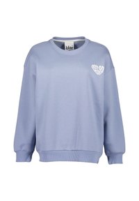 Světle modré mikina vyrobená z měkké tkaniny, s kulatým výstřihem a dlouhými rukávy. Obsahuje bílou grafiku "OUT OF MIND" na hrudi.