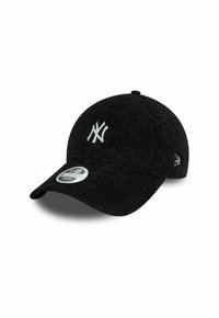 Schwarze Baseballmütze aus strukturiertem Stoff mit einem gebogenen Schirm. Enthält ein gesticktes weißes "NY"-Logo und einen New-Era-Aufkleber auf dem Visier.