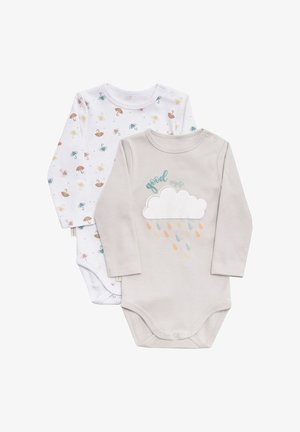 Dos bodies de manga larga: uno blanco con paraguas coloridos, y el otro gris claro con una nube y gotas de lluvia en colores pastel. Material de algodón.